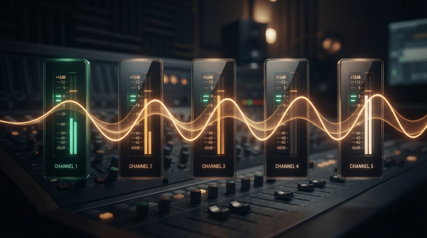 Abstract audio signal moving through level meters with headroom