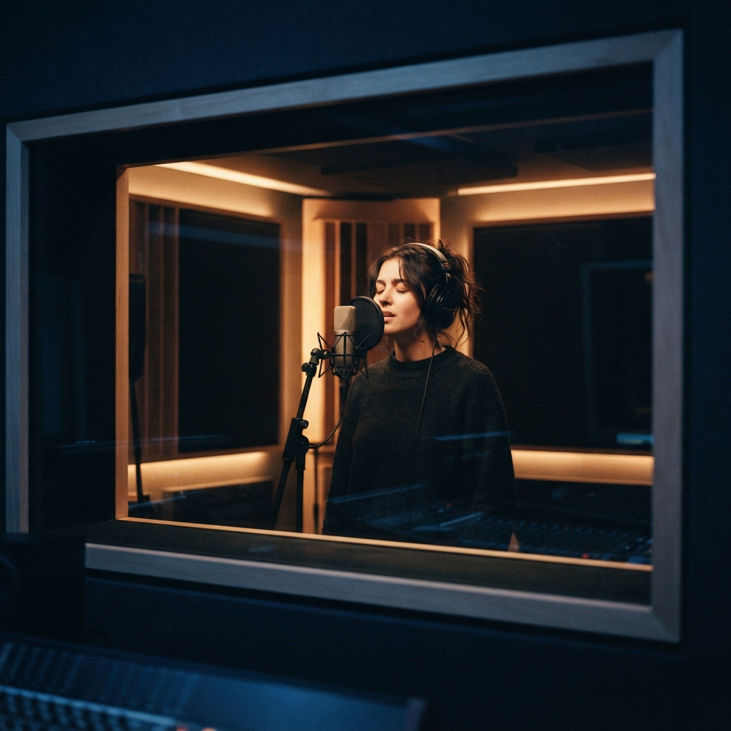 Vocalist in a professional recording booth